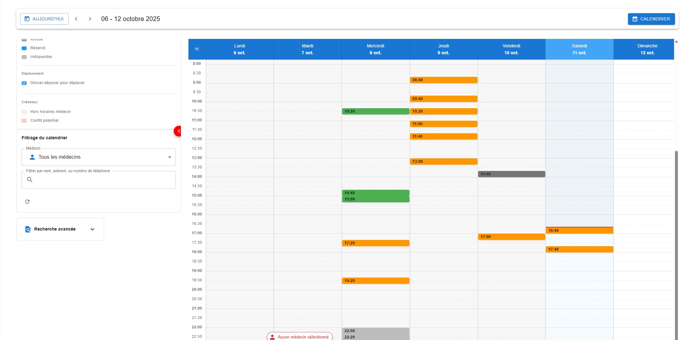 Aperçu du calendrier et des disponibilités